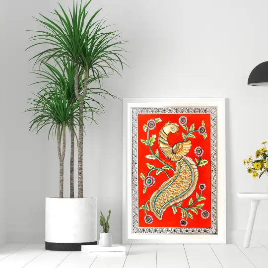 Home 2 Framed Kalamkari-style peacock painting on red background in modern interior
