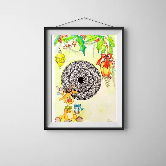 Home 3 Framed mandala with toy giraffe and Christmas decor in children's room