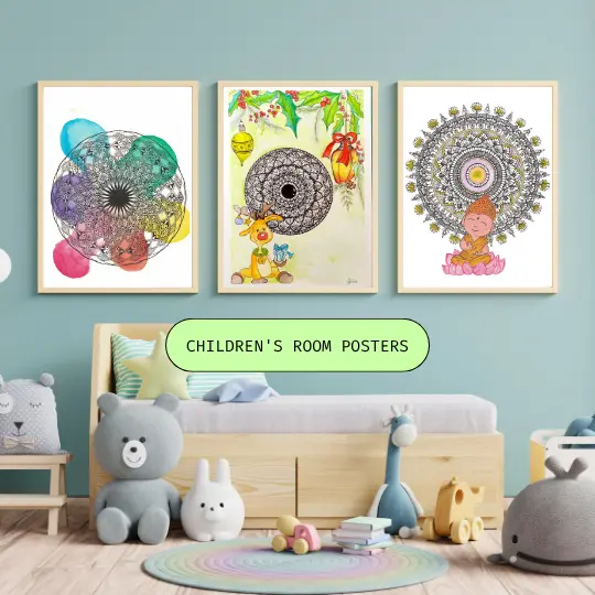Home 5 Three colorful framed posters with mandalas and cartoon animals in child’s bedroom