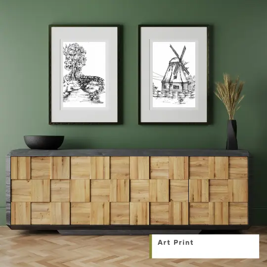 Home 7 Two framed black and white sketches of rural European scenes, including windmill